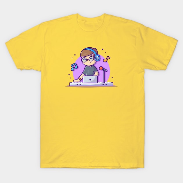 Happy Cute Disk Jockey Performance with Headphone Cartoon Vector Icon Illustration T-Shirt by Catalyst Labs